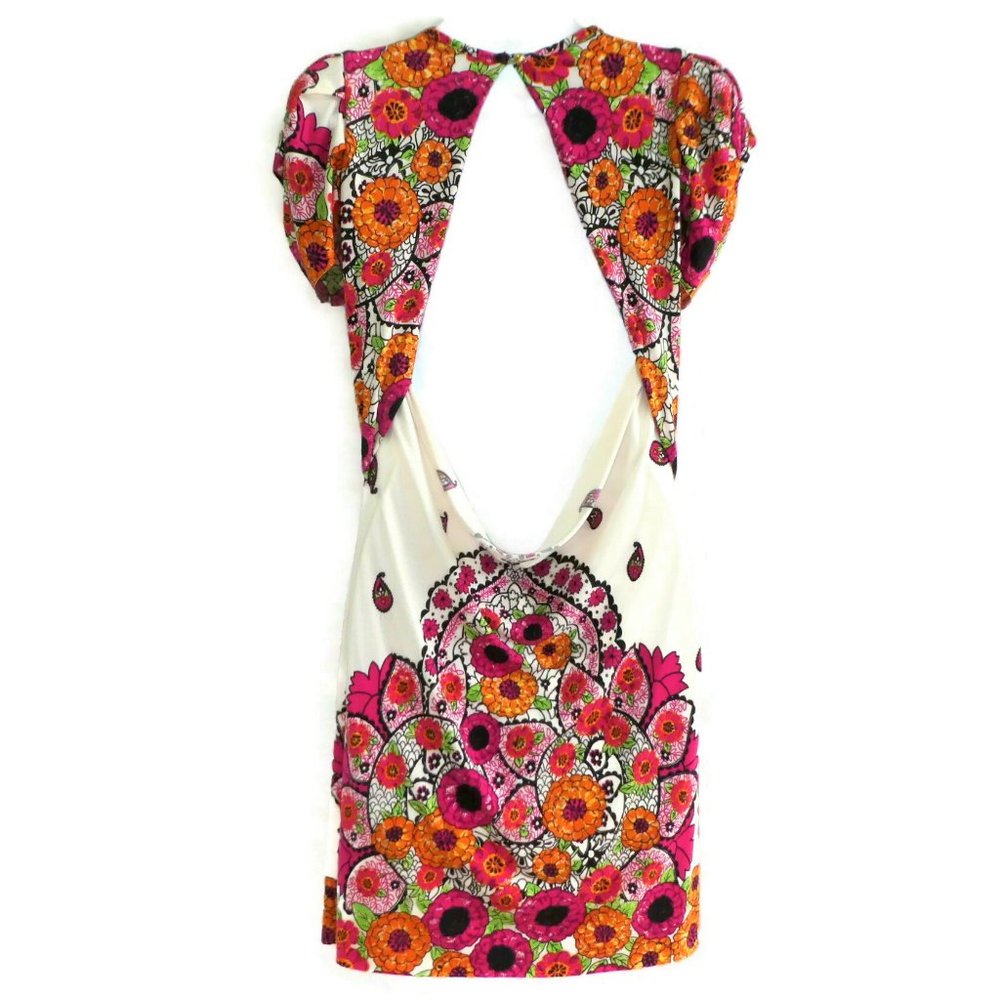 Vintage Rampage Dress Marrakesh Pleated Neck Draped Back Cutout Floral Vibrant M - Picture 2 of 12